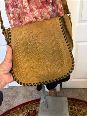 Patricia Nash Tan Embossed Floral Crossbody with Dark Whipstitch